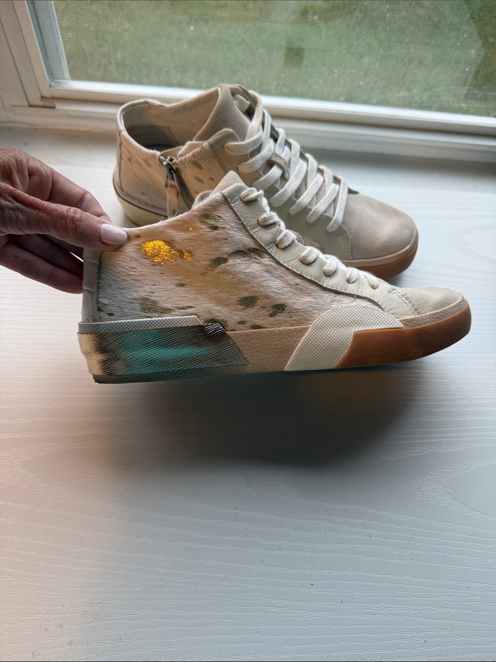 Dolce Vita White and Tan Haircalf Mid - Top Sneakers with Metallic Accent